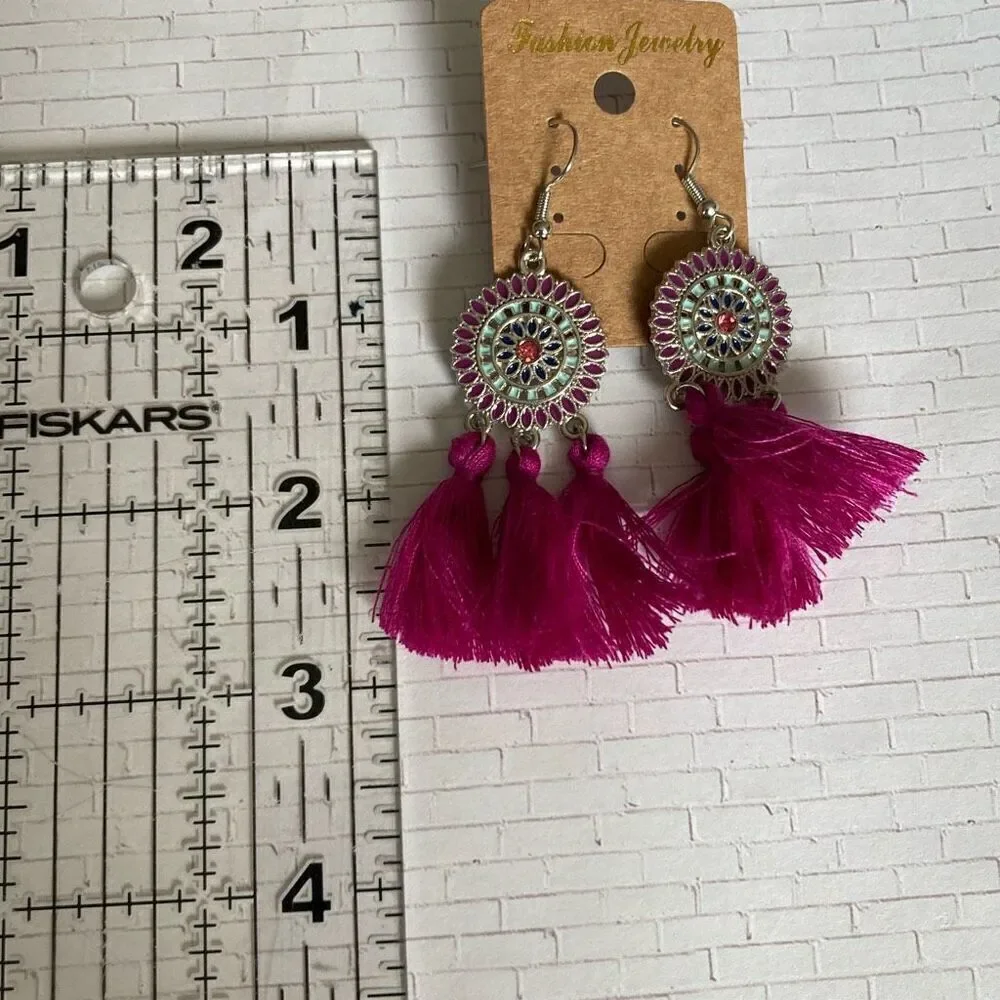 Boho Tassel Earrings with Enamel Mandala